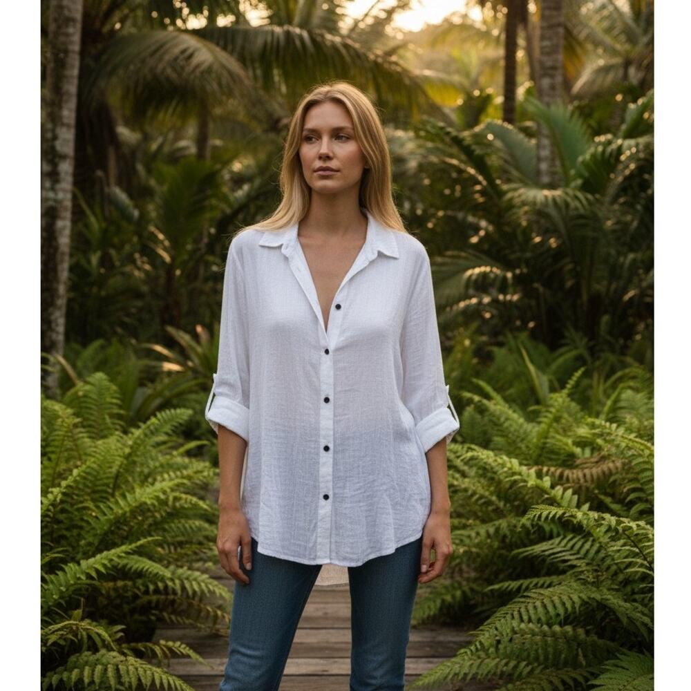 Blanco Button Up Shirt Women's Large White Long Sleeve Cotton Lightweight Casual